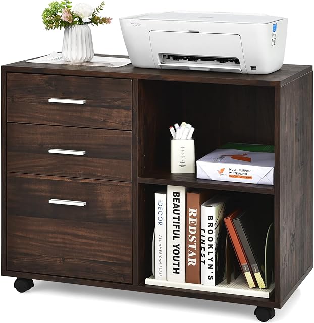 COSTWAY Mobile File Cabinet, Lateral Stationery Storage Cabinet Chest, Home Office Rolling Printer Stand Side Filing Cupboard Document Organiser Unit (Brown, 3 Drawers+2 Compartments)