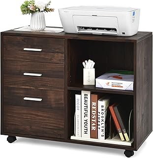 COSTWAY Mobile File Cabinet, Lateral Stationery Storage Cabinet Chest, Home Office Rolling Printer Stand Side Filing Cupboard Document Organiser Unit (Brown, 3 Drawers+2 Compartments)