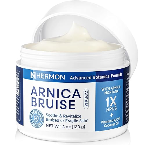 Hermon Crema de moretones de árnica reduce los moretones y la hinchazón en la piel fina, Arnica Montana con vitaminas K, C y E, hidratante para el