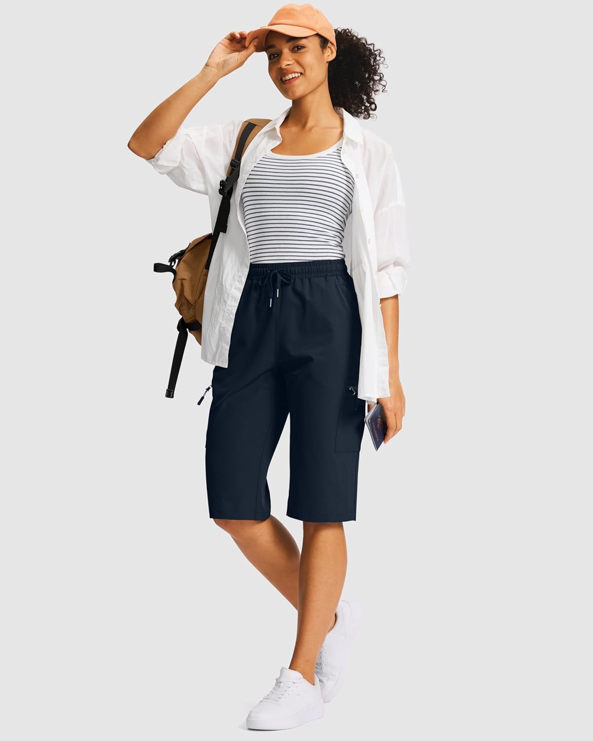 SANTINY 15" Long Shorts for Women Hiking Cargo Bermuda Shorts with 5 Zipper Pockets Lightweight Quick Dry Knee Length Capris - Image 6