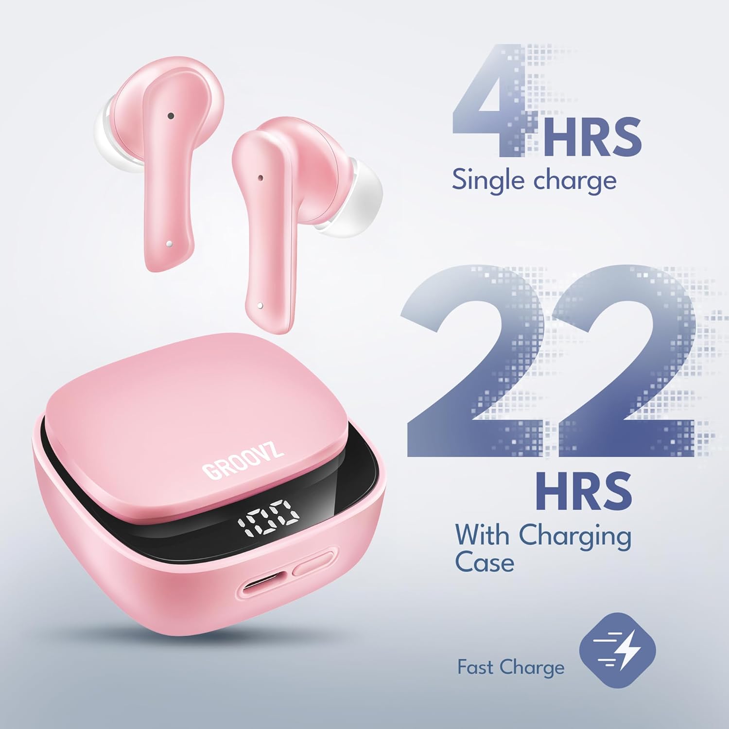 Groovz True Wireless Earbuds with Charging Case - Designed and Engineered in The USA - IPx4 Water Resistant Bluetooth Earbuds Compatible with Apple and Android - 27Hrs Battery Life - Light Pink