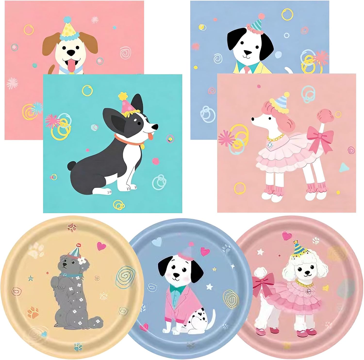 48Pcs Dog Birthday Party Supplies Set Cute Puppy Themed Paper Plates & Napkins Disposable Pet Party Tableware for Kids Birthday Baby Shower Table Decor,Serves 24 Guests