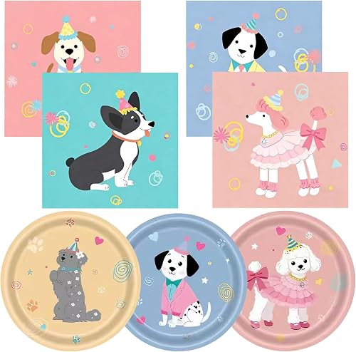 48Pcs Dog Birthday Party Supplies Set - Cute Puppy Themed Paper Plates & Napkins, Serves 24 Guests, Disposable Pet Party Tableware for Kids Birthday Baby Shower Table Decor