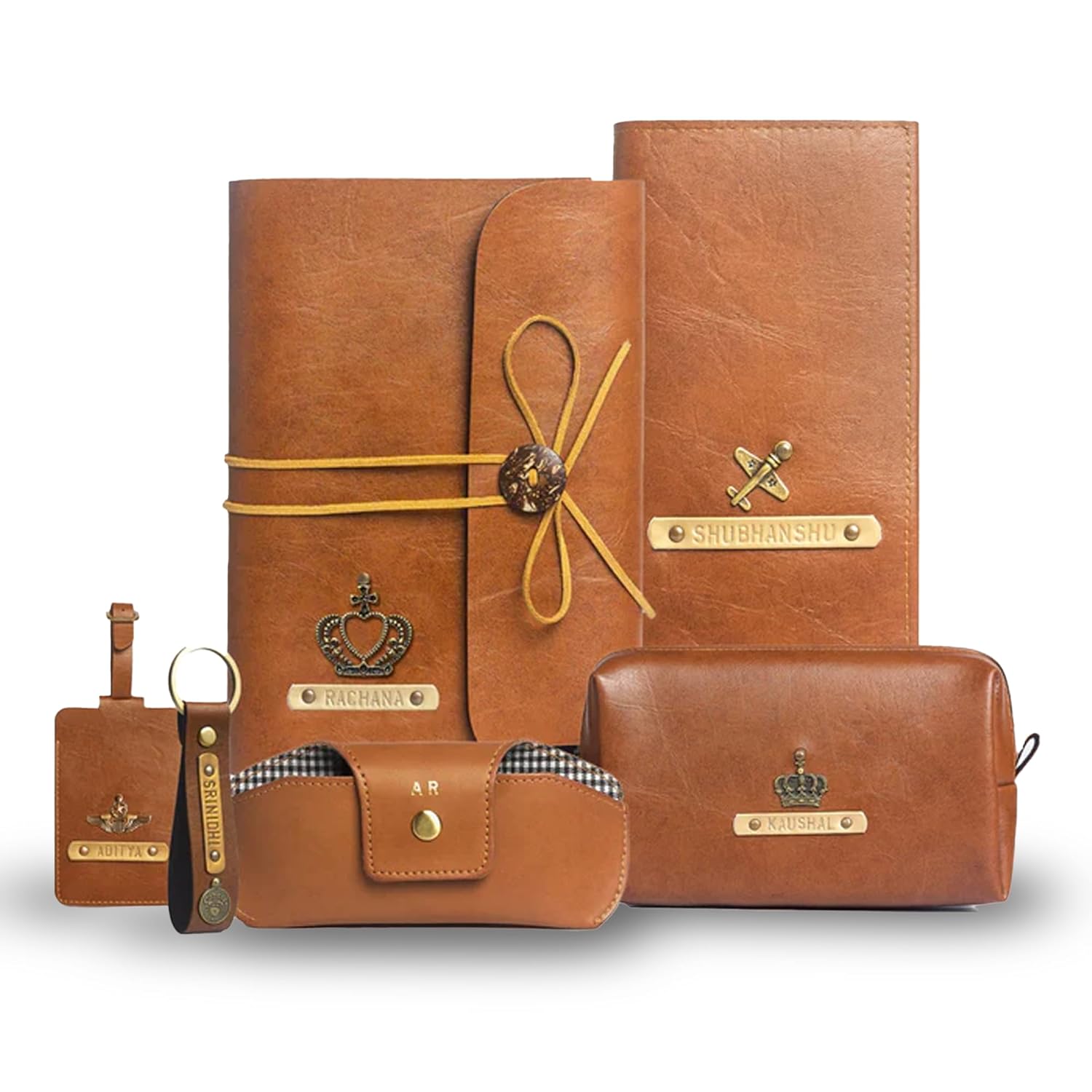 The Messy Corner Personalised Gift Hamper for Christmas Gifting | Keychain,Thread dairy, Pouch,Travel Wallet,Eye Wear Case & Luggage Tag with Name Charm | Combo Accessories, Personalised Gifts – Tan