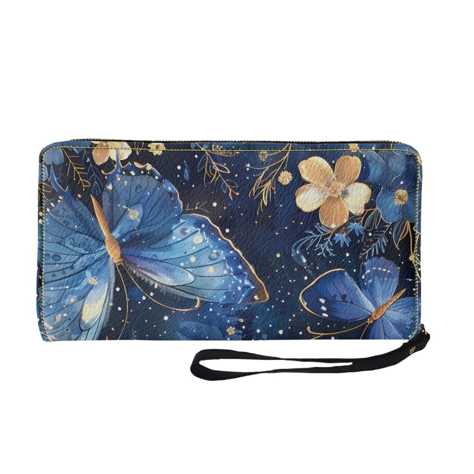 Portafoglio Donna Portamonete Porta Carte di Credito Donna Uomo Wallet | Portafogli con Zip e Cinturino da Polso Leggero Durabile Portatile,Impermeabile Cuoio,Farfalla Oro Blu 11x20cm/3 Unità