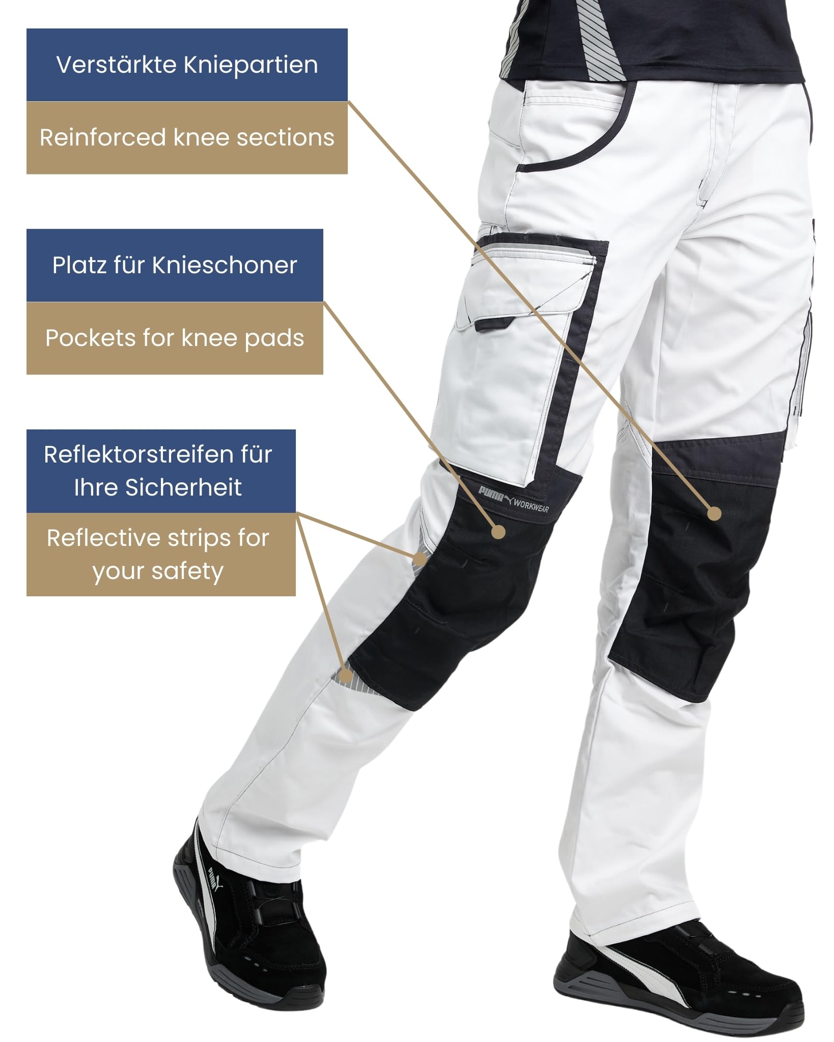 PUMA Work WEAR Premium damskie spodnie robocze z wieloma kieszeniami i dodatkowo wzmocnioną tkaniną nylonową - czarne, biały/antracytowy, 44