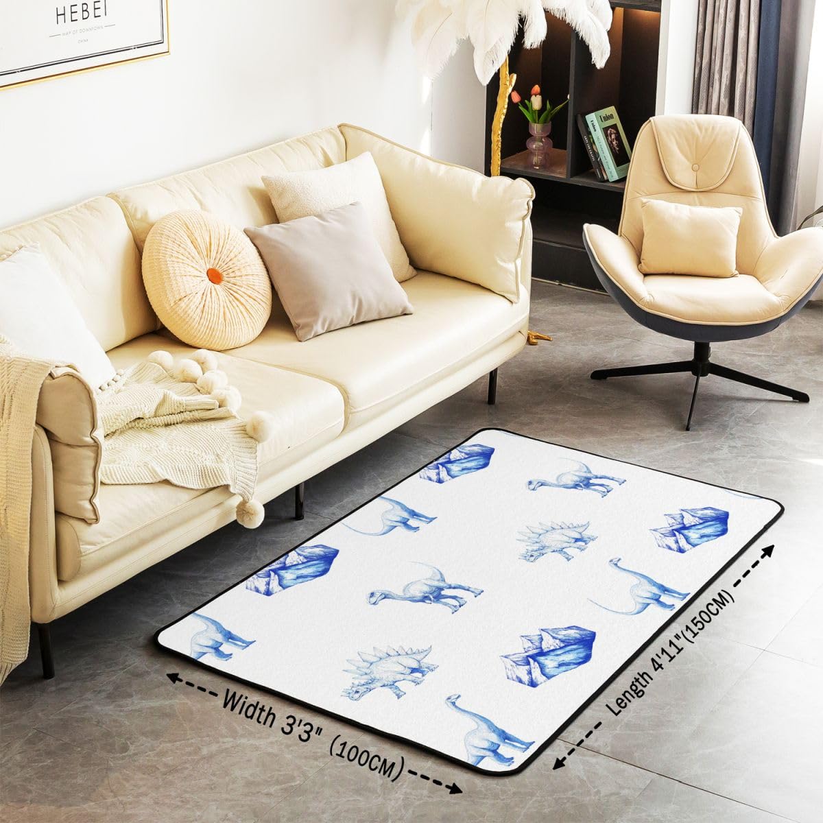 Homewish Blaue Dinosaurier Rugs for Living Room Wasserfarbe Dinos Teppiche 100x150 Uralte Dschungel Tiere Teppich Wohnzimmer Kawaii Cartoon Carpet Stilvoll Pflegeleicht