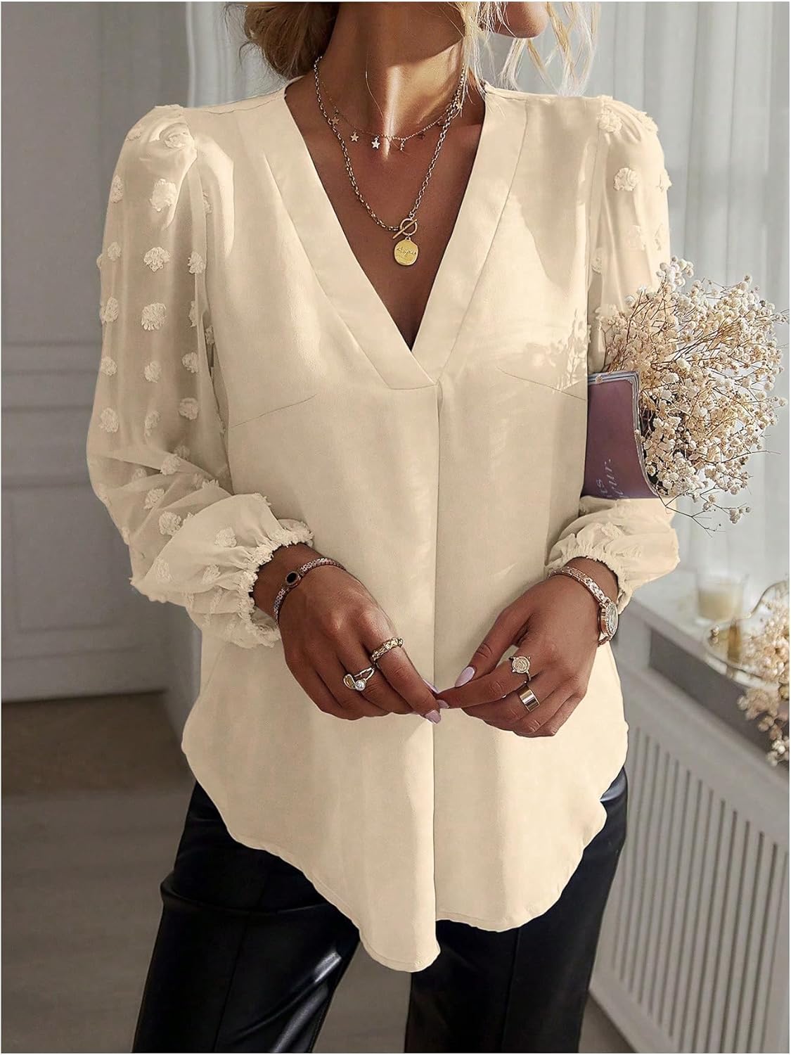 SHENHE Women's Dressy Casual Blouse Lantern Sleeve V Neck Swiss Dots Business Work Shirt Blouse - Image 5