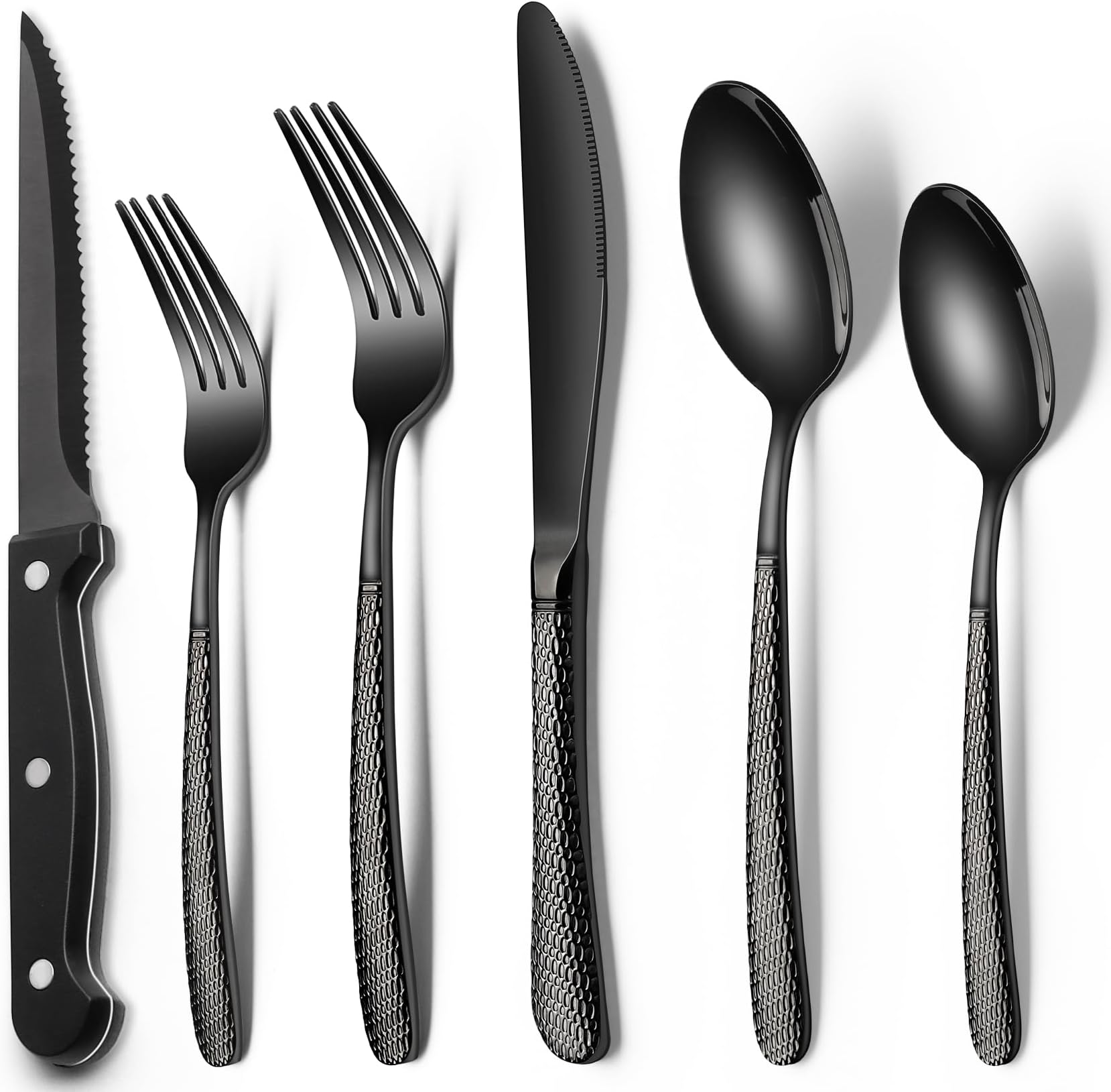 EWFEN Black Hammered Silverware Set with Steak Knives, 24-Piece Stainless Steel Heavy Duty Flatware Set for 4, Food-Grade Tableware Cutlery Set, Utensil Sets for Home Restaurant, Mirror Finish