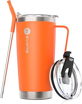 20 oz Water Tumbler with Straw, Vacuum Insulated Coffee Travel Mug with Lid and Handle for Women and Men, Camping Mug with Silicone Pad Orange