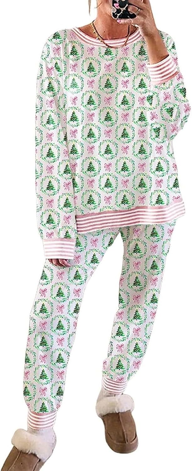 Christmas Trees and Bows Pajama Set, Cute Christmas Pjs, Christmas Pajamas for Women Loungewear