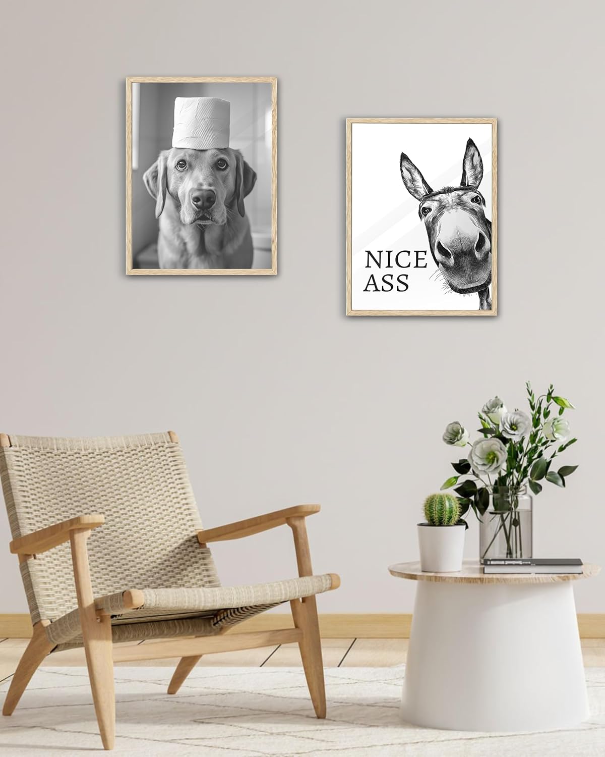 UPWOIGH Funny Donkey Oak Framed Canvas Wall Art, 12x16in Black and White Donkey Print for Bedroom Living Room Bathroom Wall Decor, Humorous Poster Aesthetic Gift Idea, 1Pack