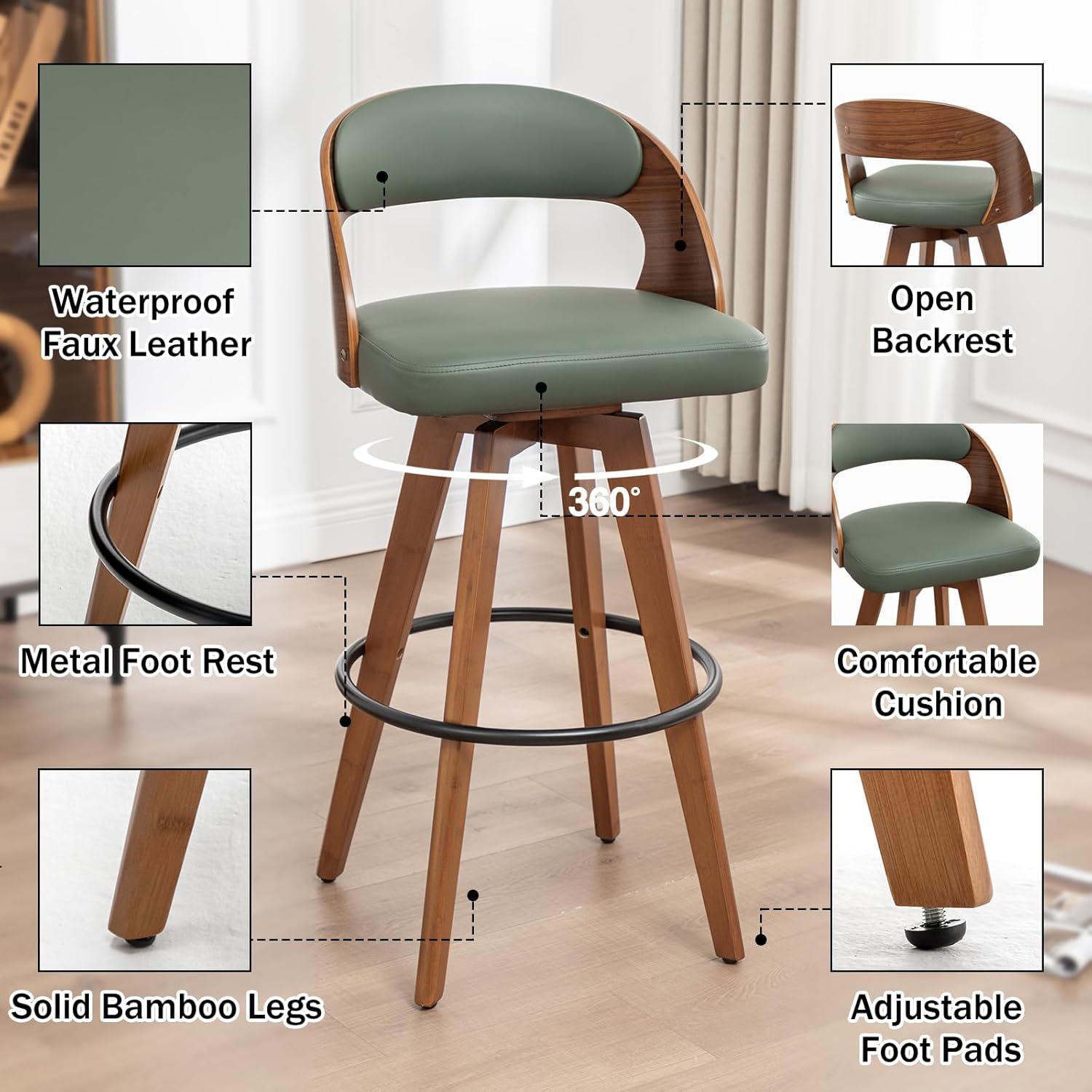 MEKLIBA Barstools Set of 2,Bar Height Bar Stools for Kitchen Island,30.3 Inch Modern Upholstered Bar Chair, Swivel Bar Stools with Back and Wood Legs(Green-PU)