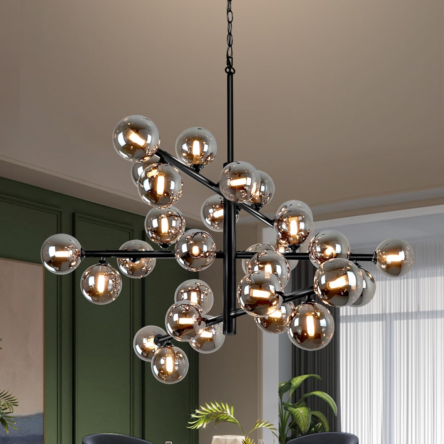 Large Sputnik Chandeliers, 3 Tiers 43" Large Chandeliers for High Ceiling Black Farmhouse Modern Chandeliers for Dining Room Light Fixture with Gray Glass Globe Chandelier for Living Room Foyer