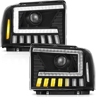 500% Brighter LED Projector Sequential LED DRL Headlight Assembly Fit for 2005-2007 2005 2006 2007 05 06 07 F250 F350 F450 F550 Super Duty/2005 Ford Excursion (Black Housing Clear Reflector)