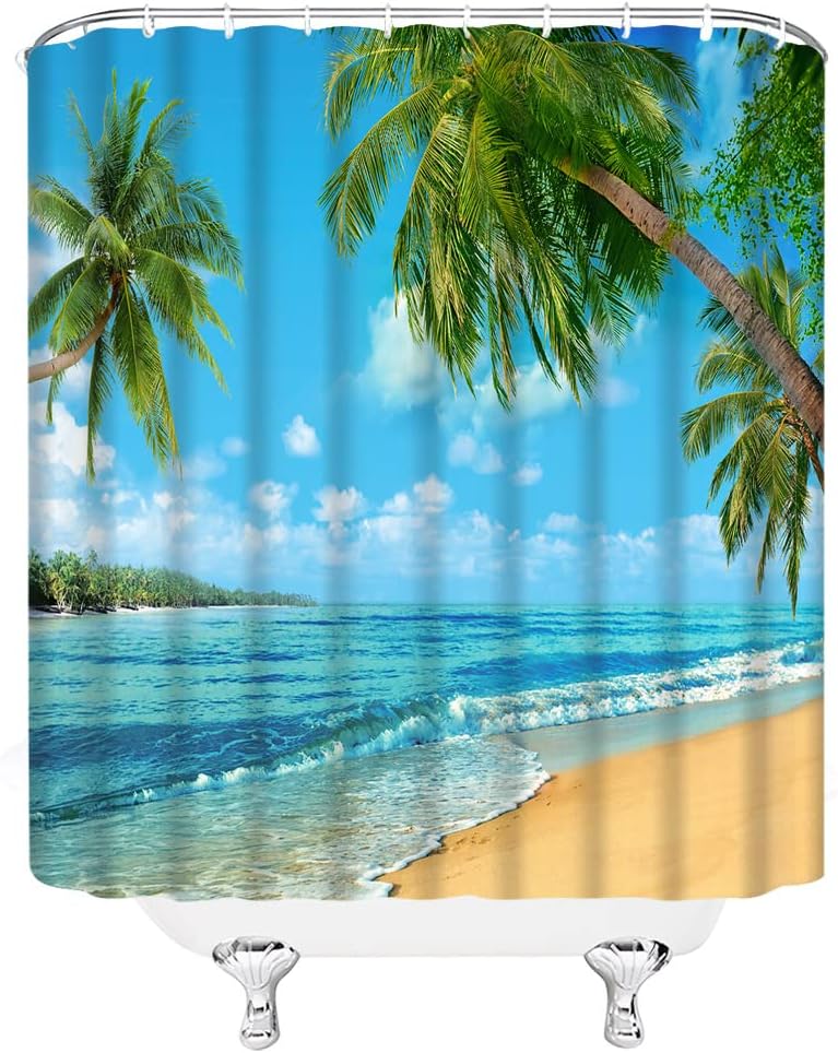 Ocean Beach Shower Curtain Blue Sky Tropical Palm Trees Waves Summer Sea Seaside Landscape Theme Fabric Bathroom Decor Set with Hooks(78" Wx70 H)