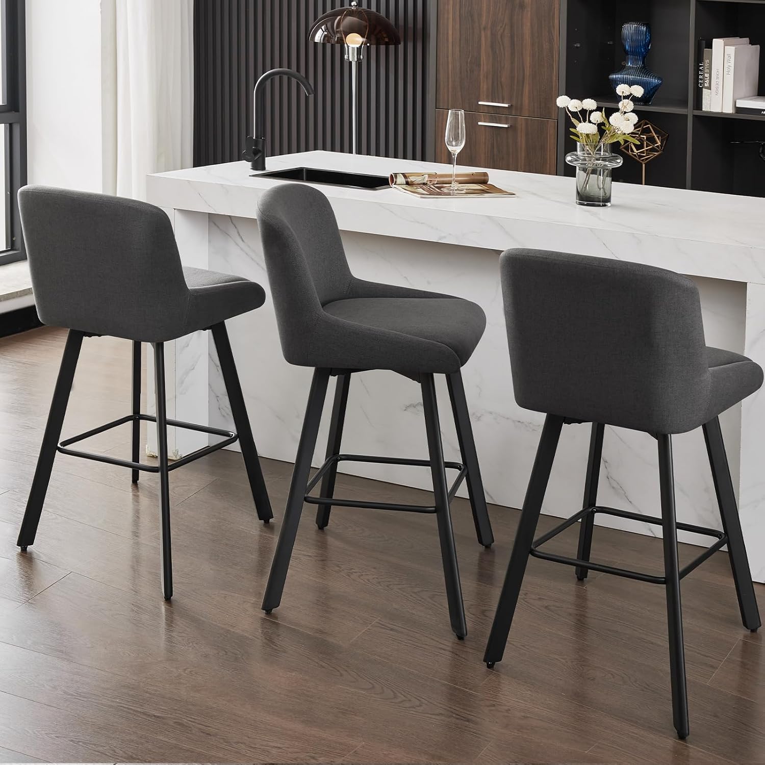 SAECKBERG Swivel Counter Height Bar Stools Set of 3, 29''H Upholstered Barstools with Backs, Modern Bar Stool Chairs for Kitchen Island, Metal Legs, Fabric, Black Grey Stools Counter Chair