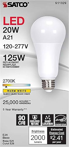 Miniatura 8 de Satco Lámpara de repuesto de base media A21 LED de 5.55 pulgadas, 20 W, temperatura de color 5000, acabado blanco