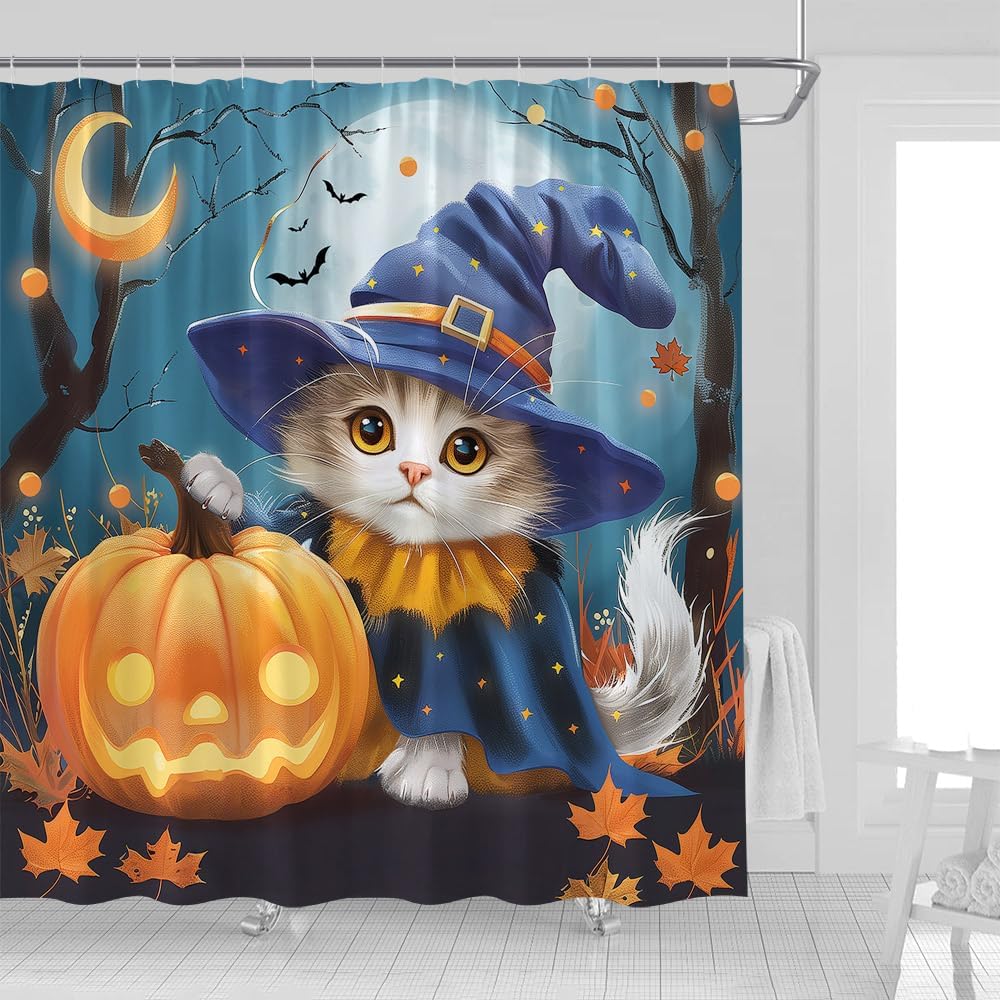 Halloween Cat Shower Curtain Cute Cartoon Animal with Wizard Hat Horror Pumpkin Full Moon Misty Forest Tree Bat Gothic Theme Fabric Bathroom Decor Curtains with Hooks,70 x 80