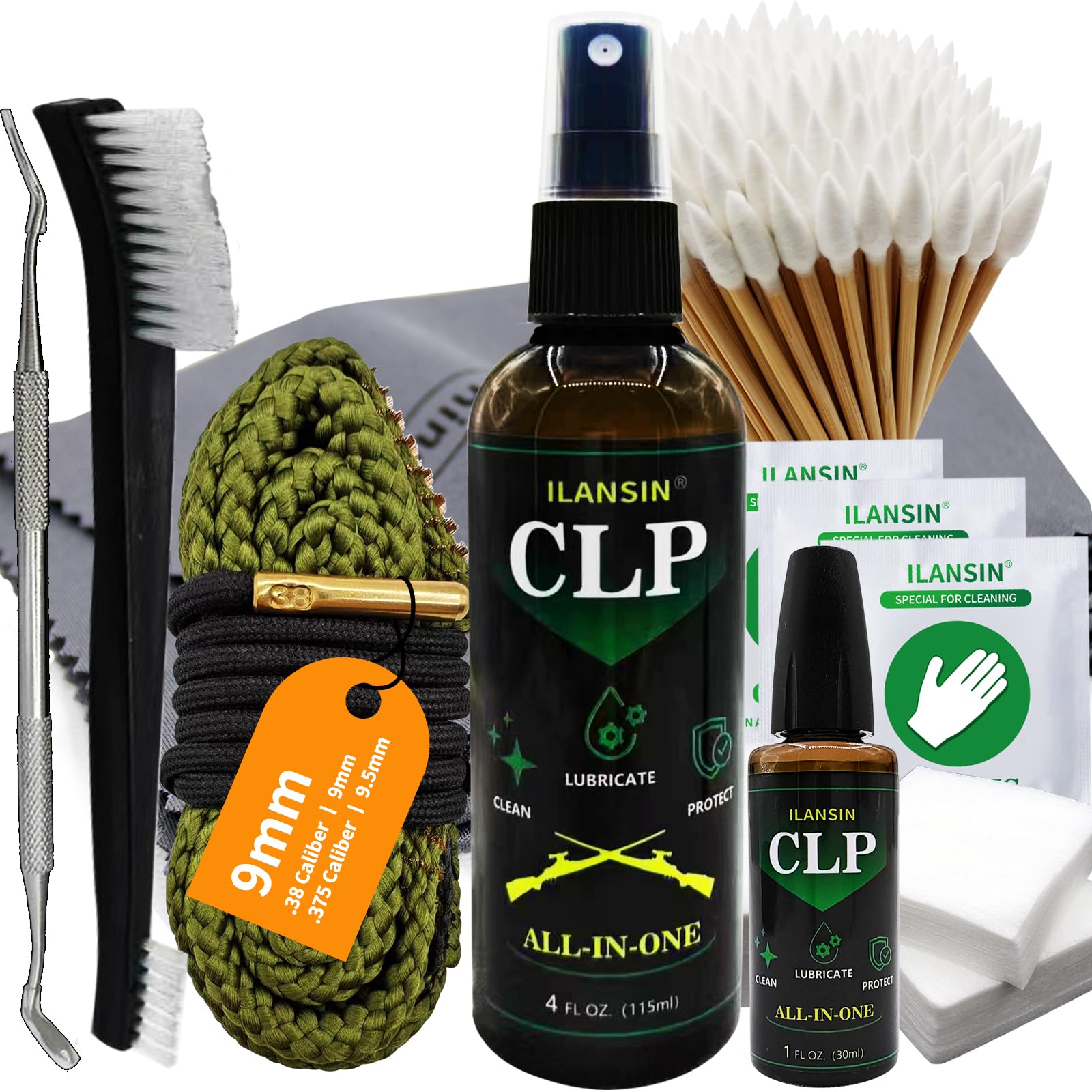 9mm Bore Cleaner & 5oz CLP Oil Gun Cleaning Kit with Gun Snake .38 .375 9.5mm, Needle+Spray,Gun Cleaning Supplies with Gun Cleaning Patches,6'' Gun Cleaning Swabs, Gun Brushes, Cleaning Picks-image-21
