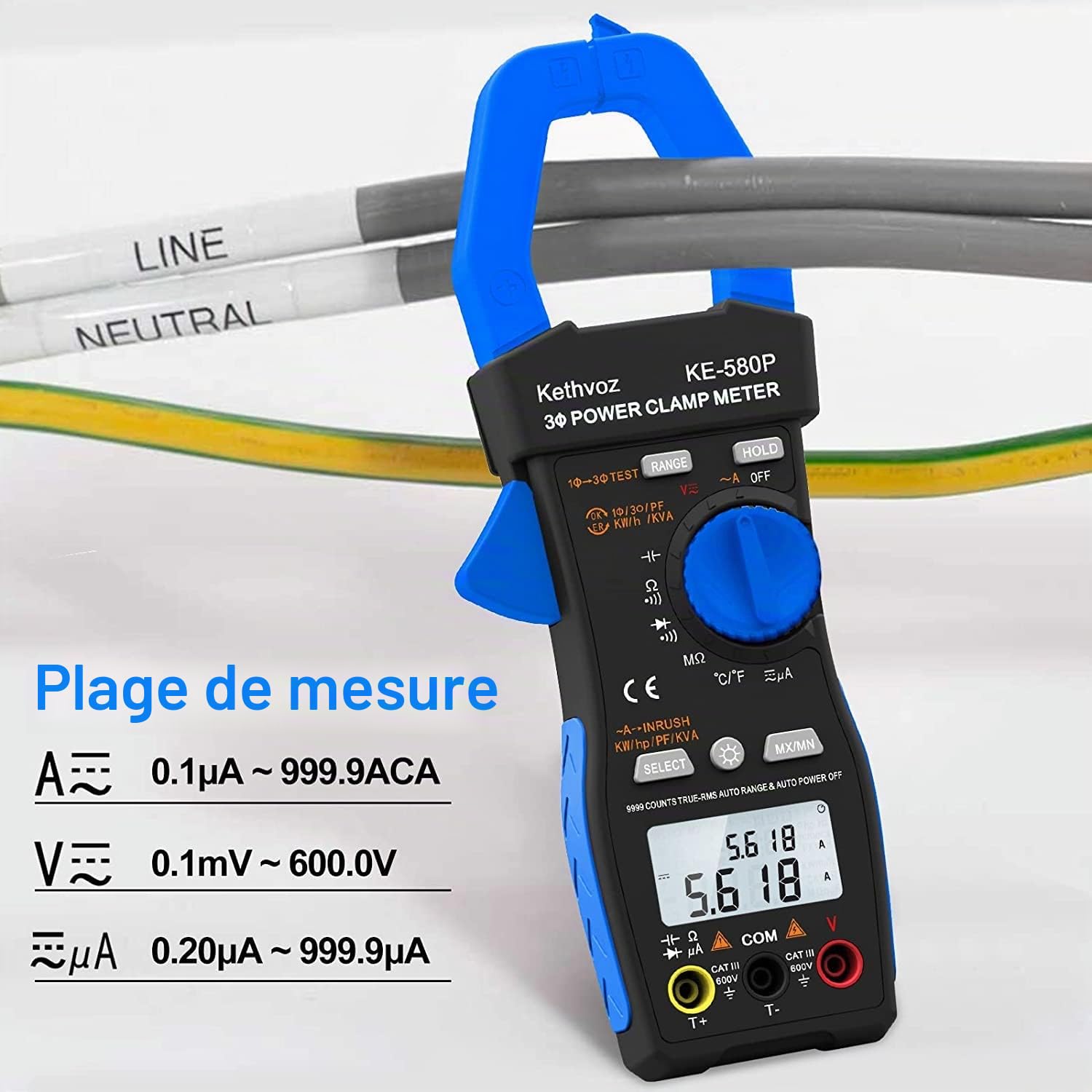 Kethvoz Multimetre Pince Amperemetre Triphasé, 1000A Amperemetrique 9999 points Testeur Electrique Mesure AC DC Courant Tension Ohm Test Facteur Puissance Angle Phase 580P