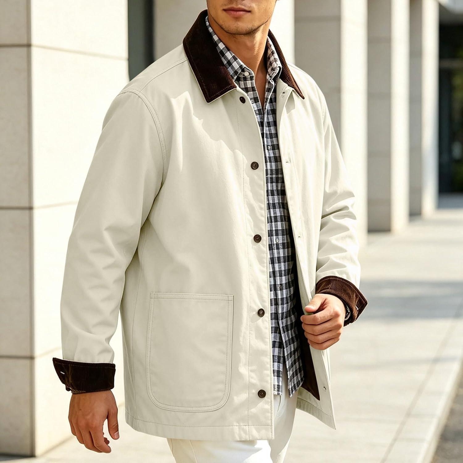 Men's Classic Canvas Work Jacket Corduroy Button Sleeve Coat