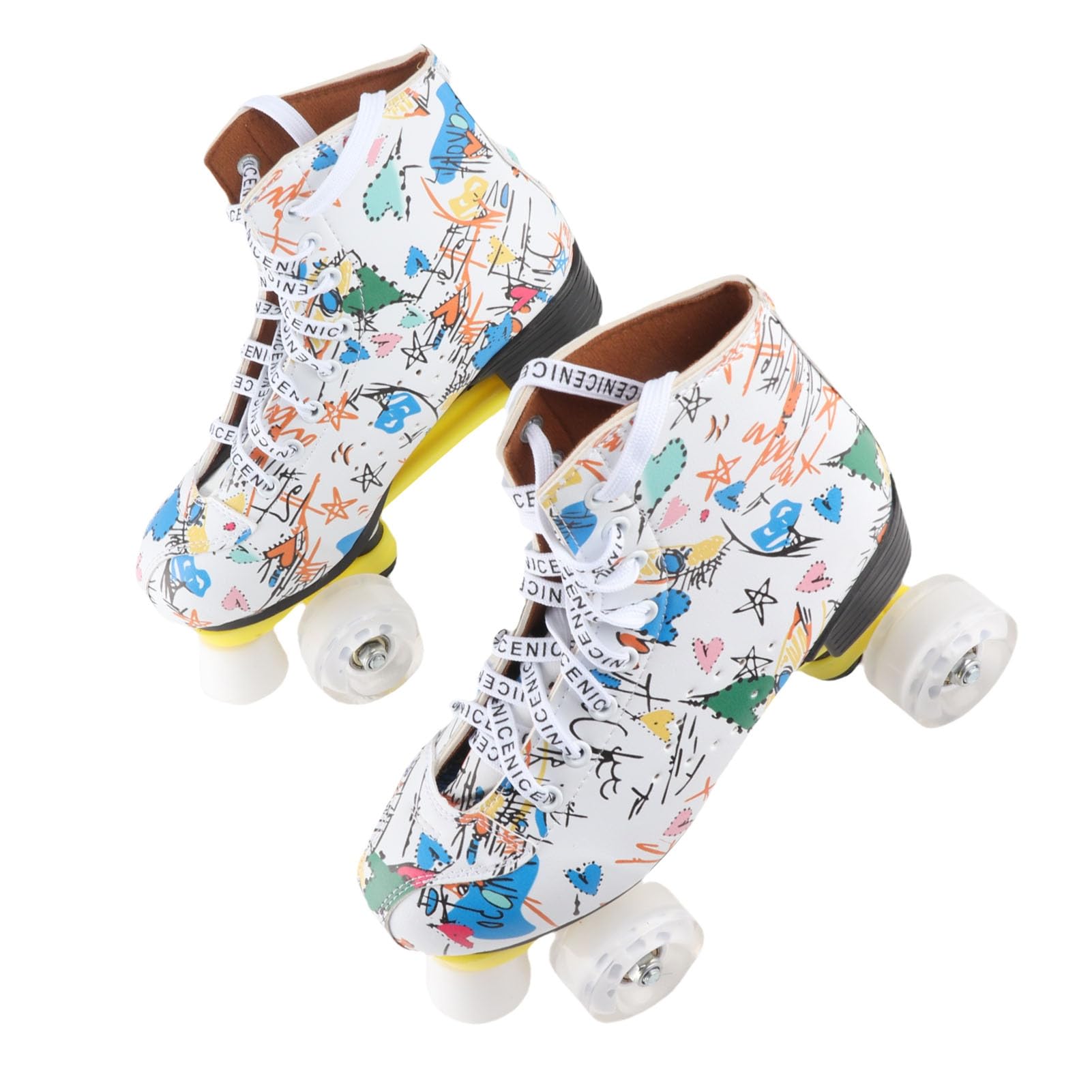 Hidyliu Patins à roulettes à 4 Roues aux Couleurs Vives et Respirants pour S'amuser en Intérieur et en Extérieur, Enfants et Adultes, Graffiti Blanc, Paquet de 2