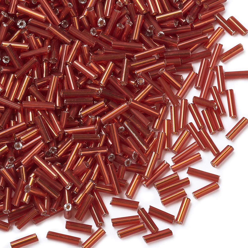 Pandahall 1250pcs/50g Silver Lined Glass Bugle Beads 6x1.8mm Tube Loose Glass Seed Spacer Bead for Jewelry Making (IndianRed)