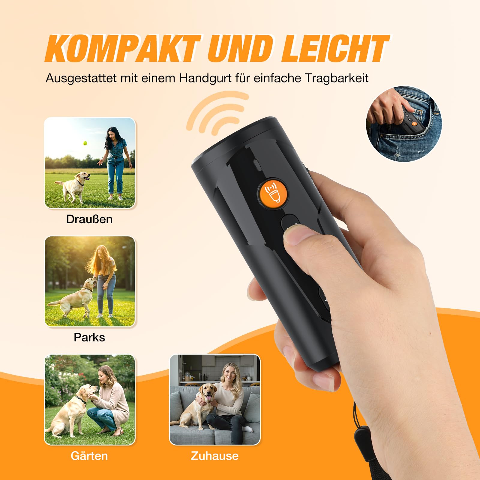 AOZOOM Ultraschall Anti Bell Gerät für Hunde, Handheld Hundeabwehr Ultraschall mit 4 Modi & 15m Reichweite, Aufladbar & Sicheres & Effektives Ultraschall Gegen Hunde Drinnen Draußen
