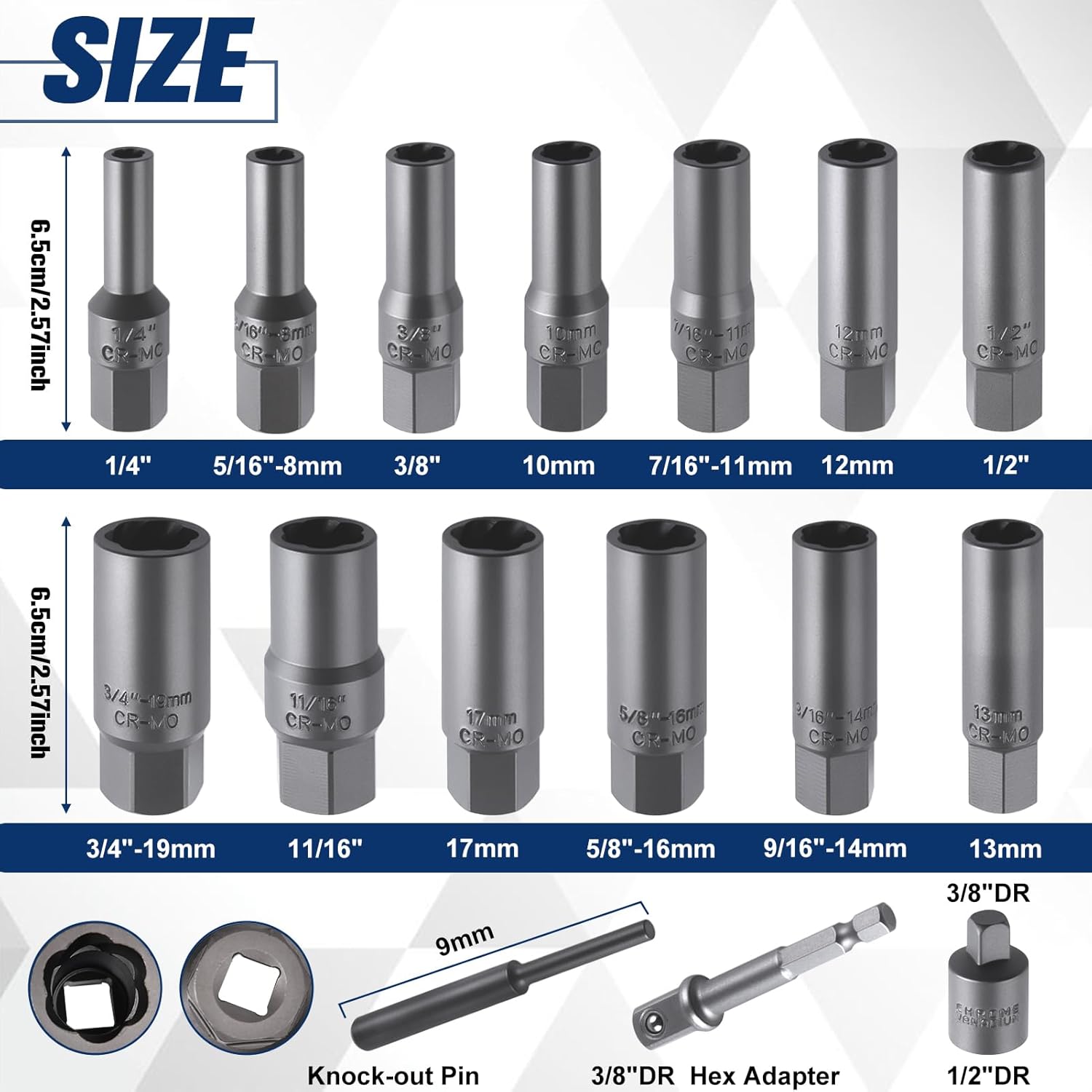 16 Pcs Spiral Deep Bolt Extractor Set for Deep Well Bolt, Impact Spark Plug Extraction Socket with 3/8" Adapter Stripped Lug Nut Remover for Broken Frozen Rusted Rounded-Off Bolts Nuts Studs