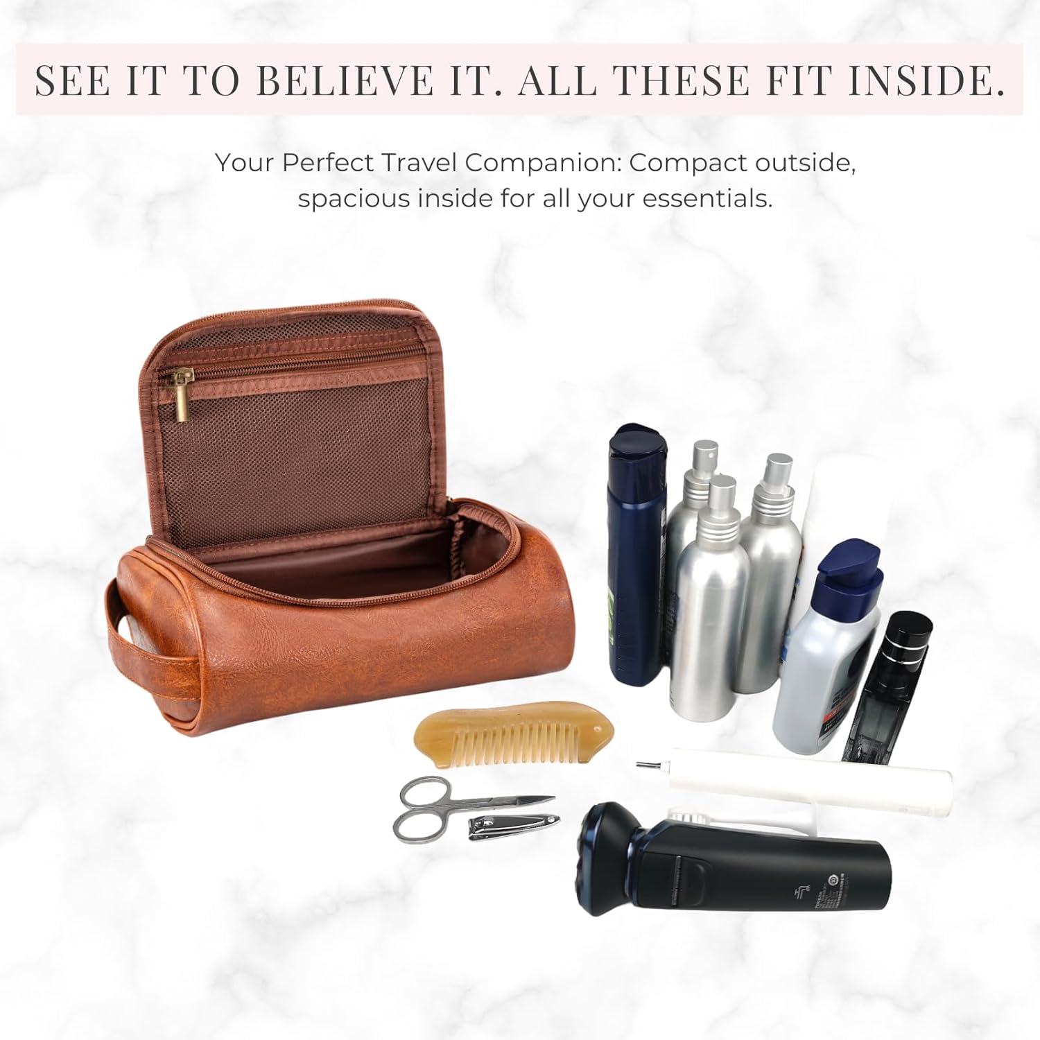 Mens Slim Toiletry Bag, Minimalist PU Leather Dopp Kit for Men, Compact Shaving Kit Organizer, Small Water-Resistant Travel Bag for Grooming Essentials Only,Brown - Image 2