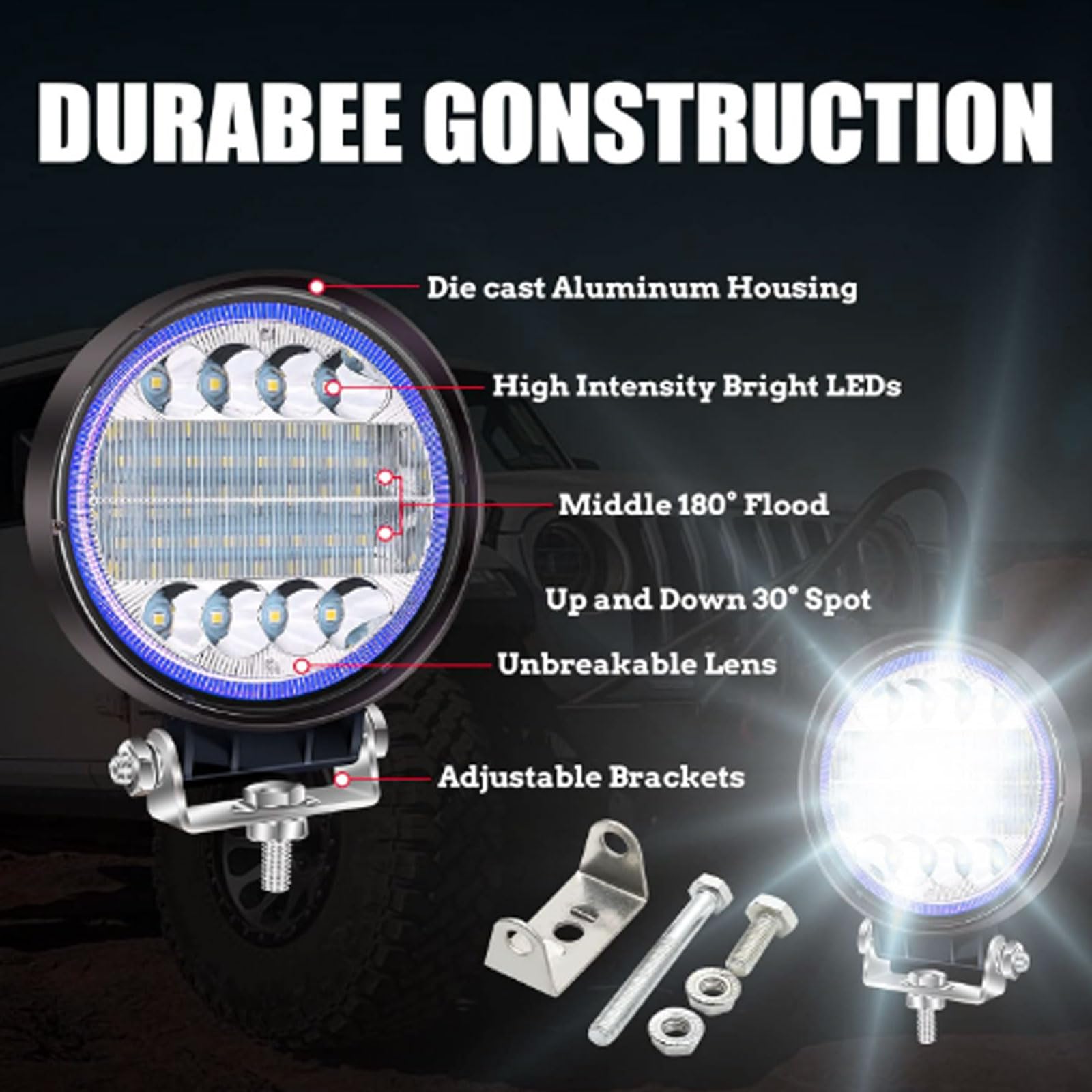 2x 96W Faretti LED Off Road con anello Halo Blu Angel Eyes,4" Faro da Lavoro 12V 24V Fari Led Auto Barra LED Fuoristrada Luci Antinebbia Fari Supplementari per Off Road Moto 4WD SUV ATV UTV