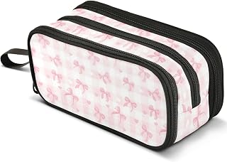 ALAZA Pink Bow Plaid Heart Large Pencil Case for Girls