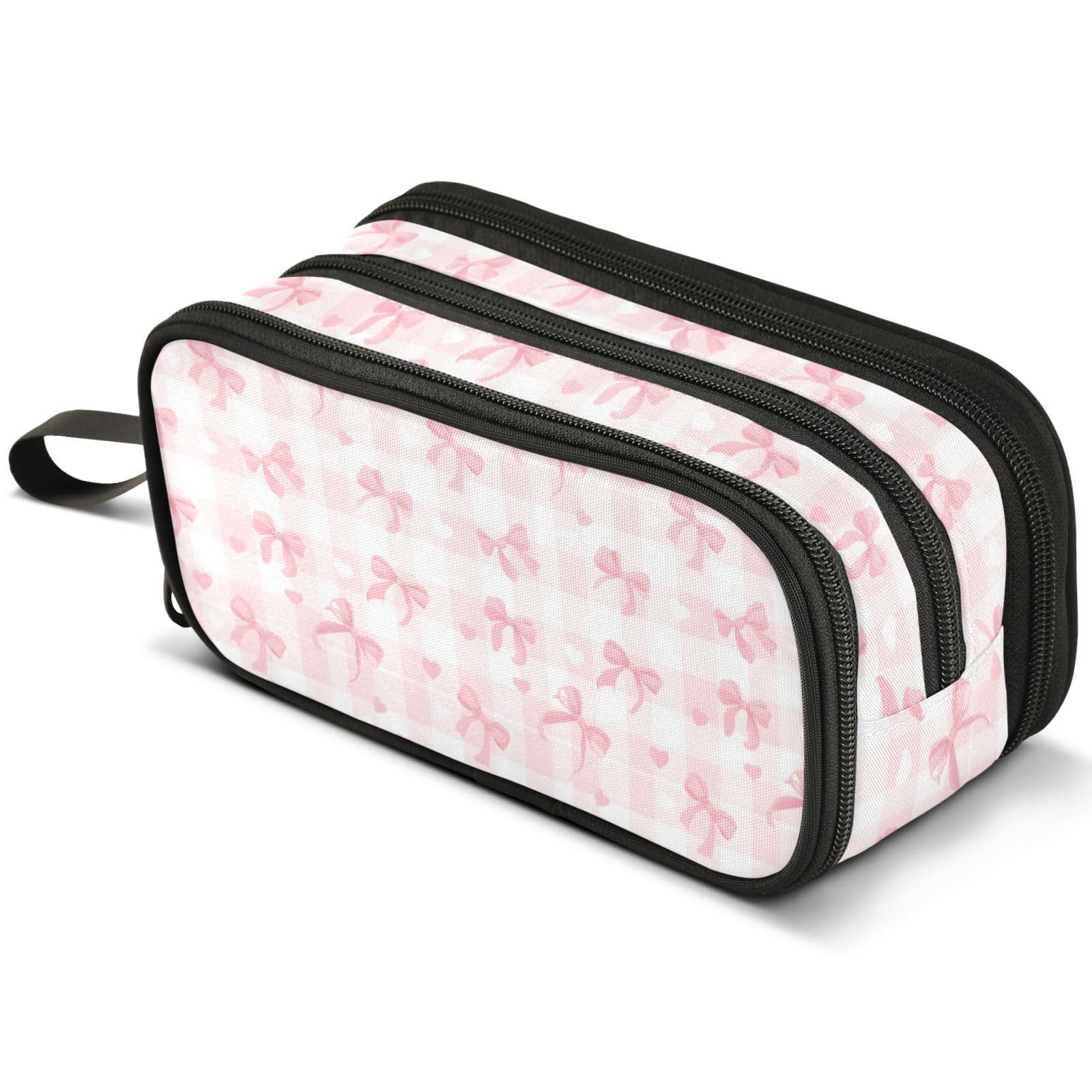 ALAZA Pink Bow Plaid Heart Large Pencil Case, Pen Pouch Pencil Bag with 3 Compartments Pen Holder Organizer Stationery Bag