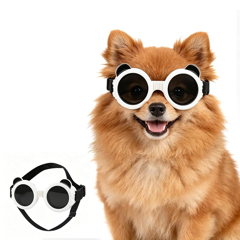 Óculos de sol para cães pequenos PETLESO com lentes anti-UV e tiras ajustáveis, B-White, tamanho Pequeno