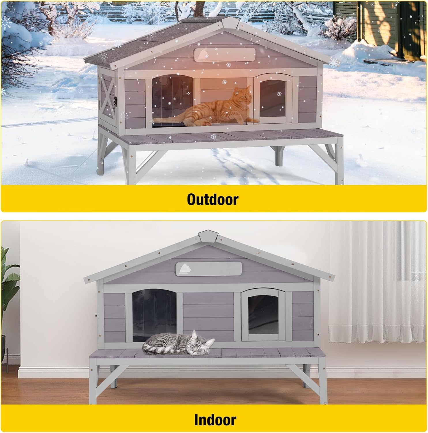 Aivituvin Outdoor Cat House, Large Weatherproof Roof, 100% Wooden, Outside Feral Cat Shelter for Winter