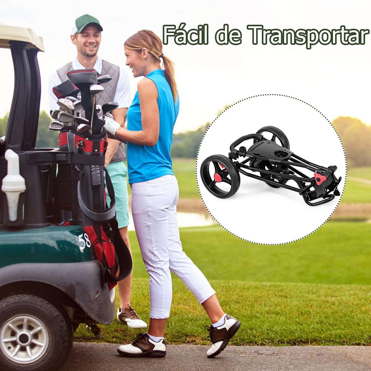 GOPLUS Carrito de Golf Plegable 3 Ruedas Goma Mango Ajustable Hierro Negro