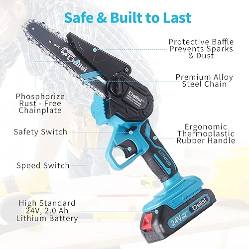 Miniatura 5 de Mini motosierra inalámbrica, portátil de 6 pulgadas, inalámbrica, con 2 baterías de 24 V, pequeña sierra de cadena de mano, tijeras de podar para