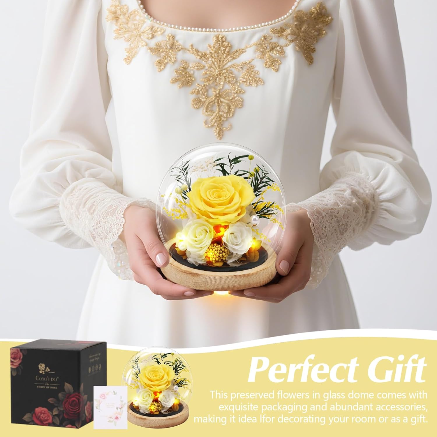 Preserved Roses Flowers for Delivery, Vanlentines Day Gifts for Her, Yellow Forever Flores in Glass Dome for Women Mom Wife Girlfriend, Anniversary Birthday Rose Gift for Mothers Day Christmas - Image 2