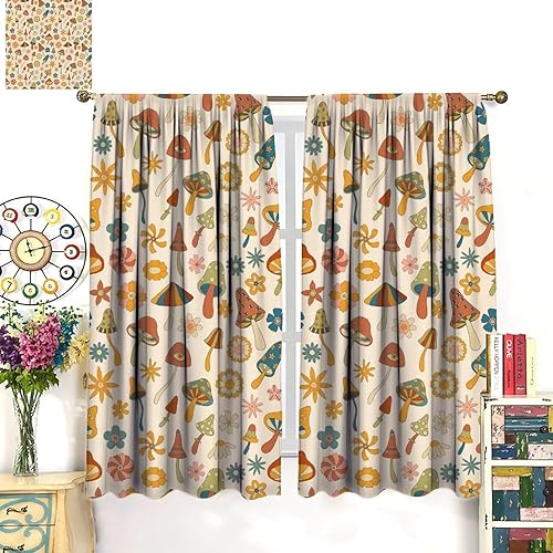 Miniatura 3 de Cortinas retro de hongos con estampado de hongos y flores, cortinas opacas con bolsillo para barra, cortinas de ventana para dormitorio, sala de