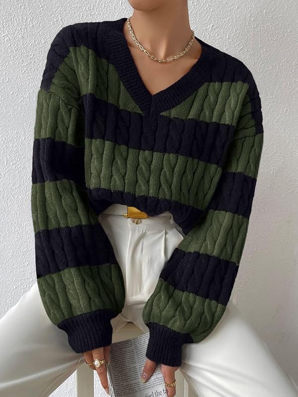 LIGHT DOT V Neck Cable Knit Sweater Women Winter Long Sleeve Stripped Preppy Sweater Oversized Pullover (Green, L) by LIGHT DOT - Used condition - Image 3