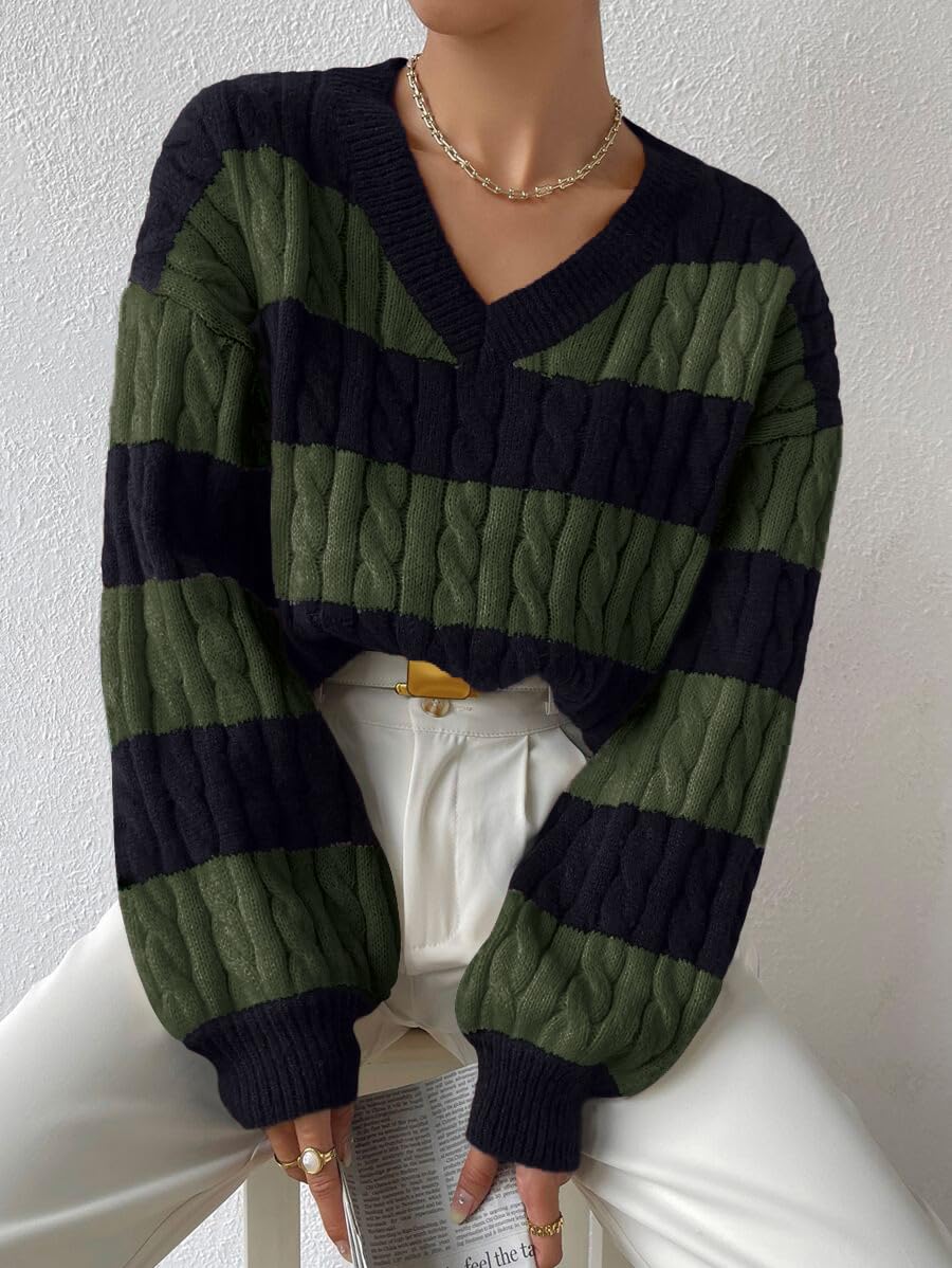 LIGHT DOT Damen-Winterpullover, größenverstellbar, Zopfmuster, V-Ausschnitt, langärmelig, lässig, lockerer Pullover, Farbblock-Streifen