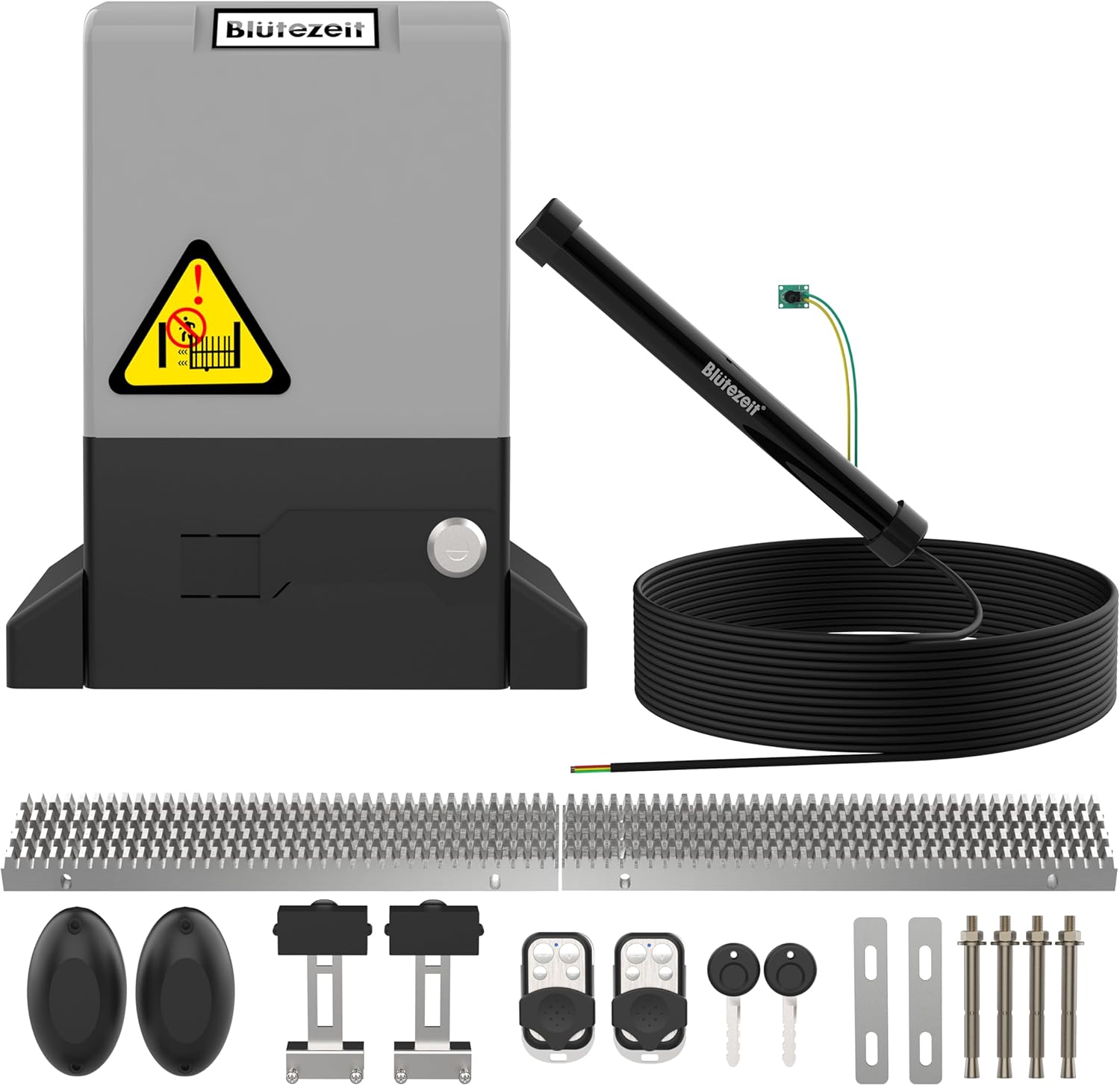 Blütezeit 1800lb 220V Sliding Gate Opener with Exit Wand – Heavy-Duty AC Slide Gate Motor with Steel Gear Racks, 1/2HP Drive, Remote Controls & Vehicle Detection Sensor