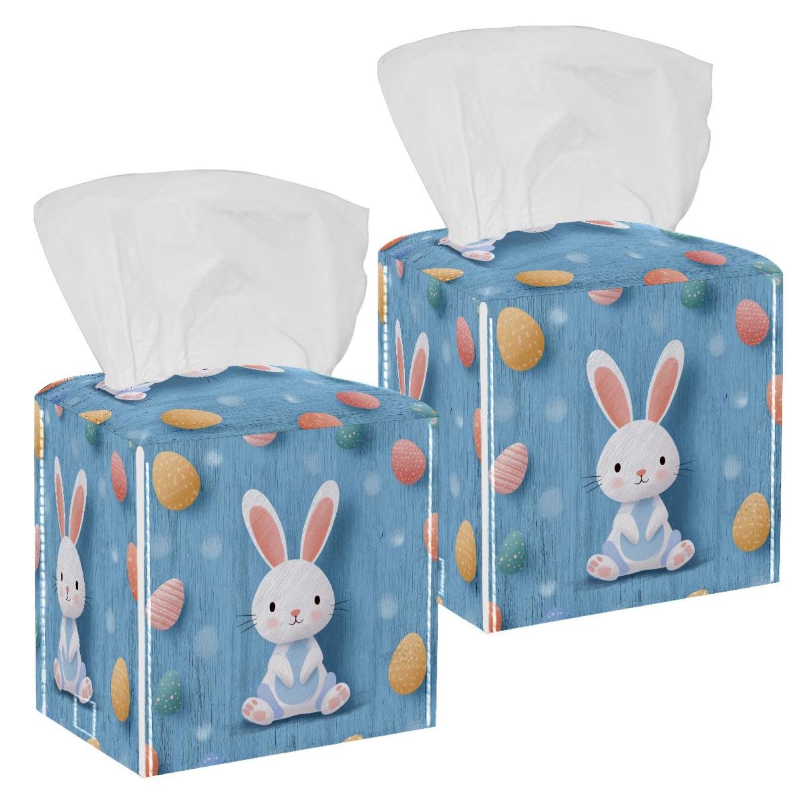 Easter Eggs and Rabbit Tissue Box Cover, 2 Pack PU Leather Square Facial Tissue Dispenser Box holder for Home Office Car