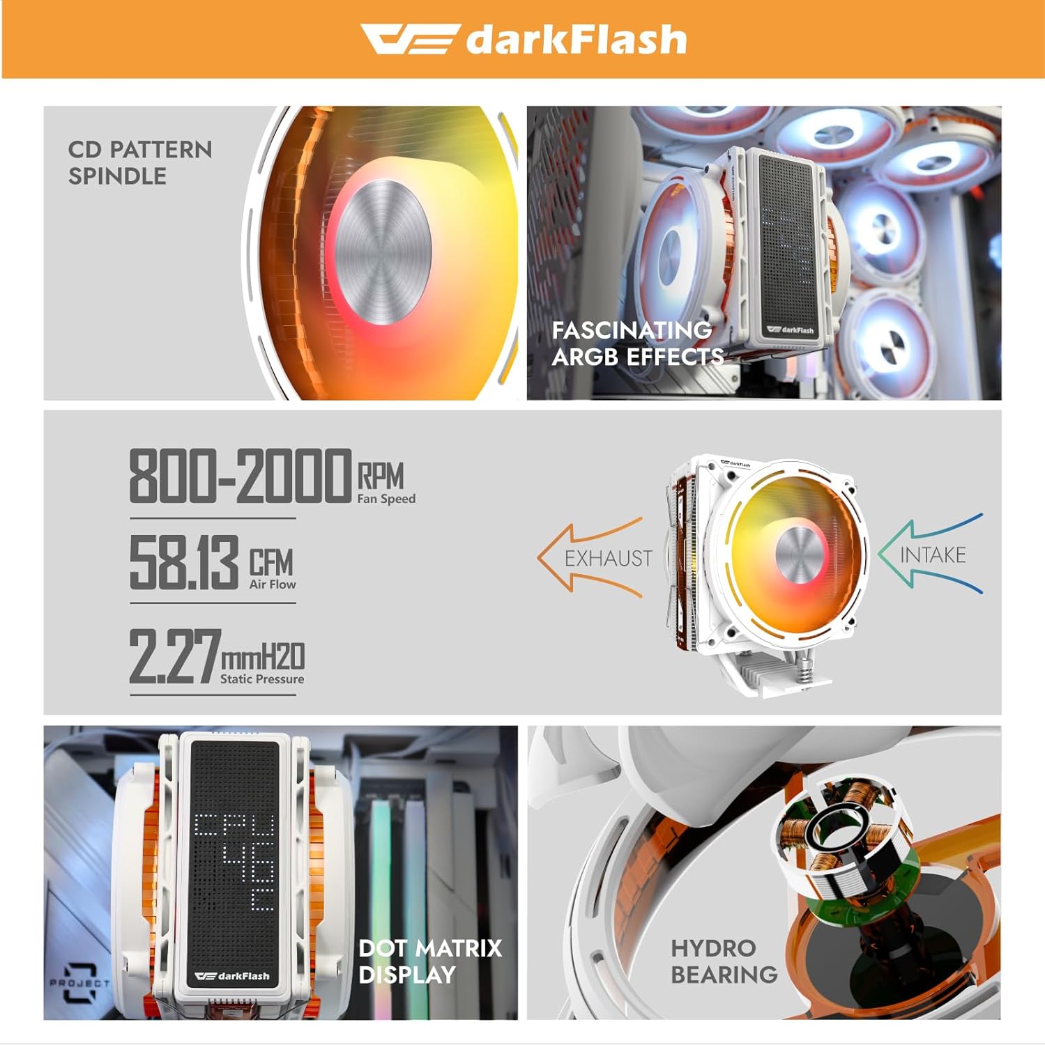 darkFlash E400 Plus CPU Air Cooler, 4 Copper Heat Pipes, Dual 120mm PWM ARGB Fans 2200RPM,Digital Display Top,Intel LGA1851 1700 1200 115X 1366 and AMD AM5 AM4 Compatible(Fits MATX Cases Only)，White