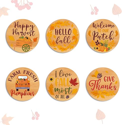 Portavasos de madera para Acción de Gracias, juego de 6 posavasos redondos de bambú para protección de mesa, botella de vidrio resistente al calor,
