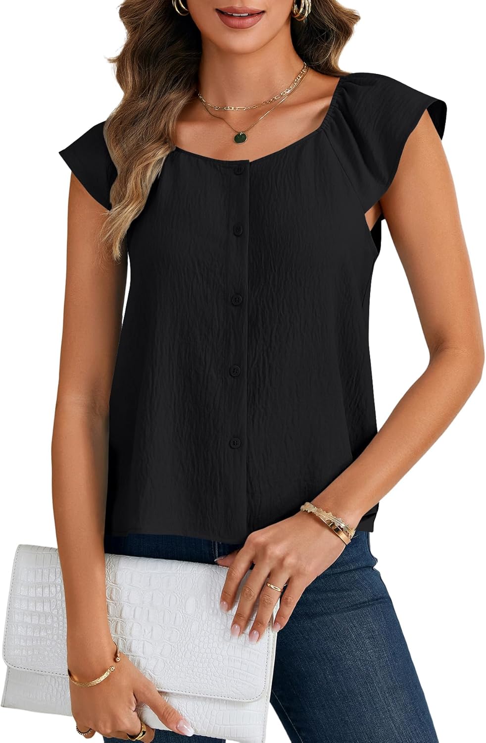 Rooscier Women's Button Down Ruffle Short Sleeve Scoop Neck Flare Basic Casual Blouse Top - Image 4