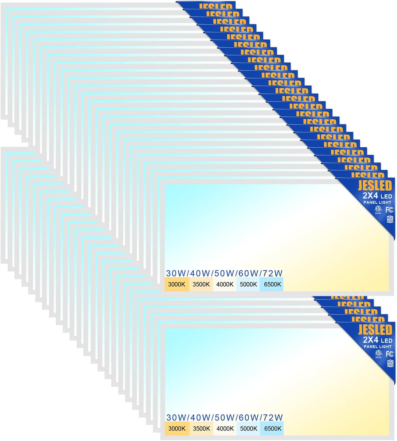 JESLED 48Pack 2x4 led Flat Panel Light, 10800LM, Drop Ceiling Lights Fixture for Office Shop Garage Basement Laundry, 30W/40W/50W/60W/72W Selectable, 5CCT Switchable, 0-10V Dimmable, DLC ETL Listed