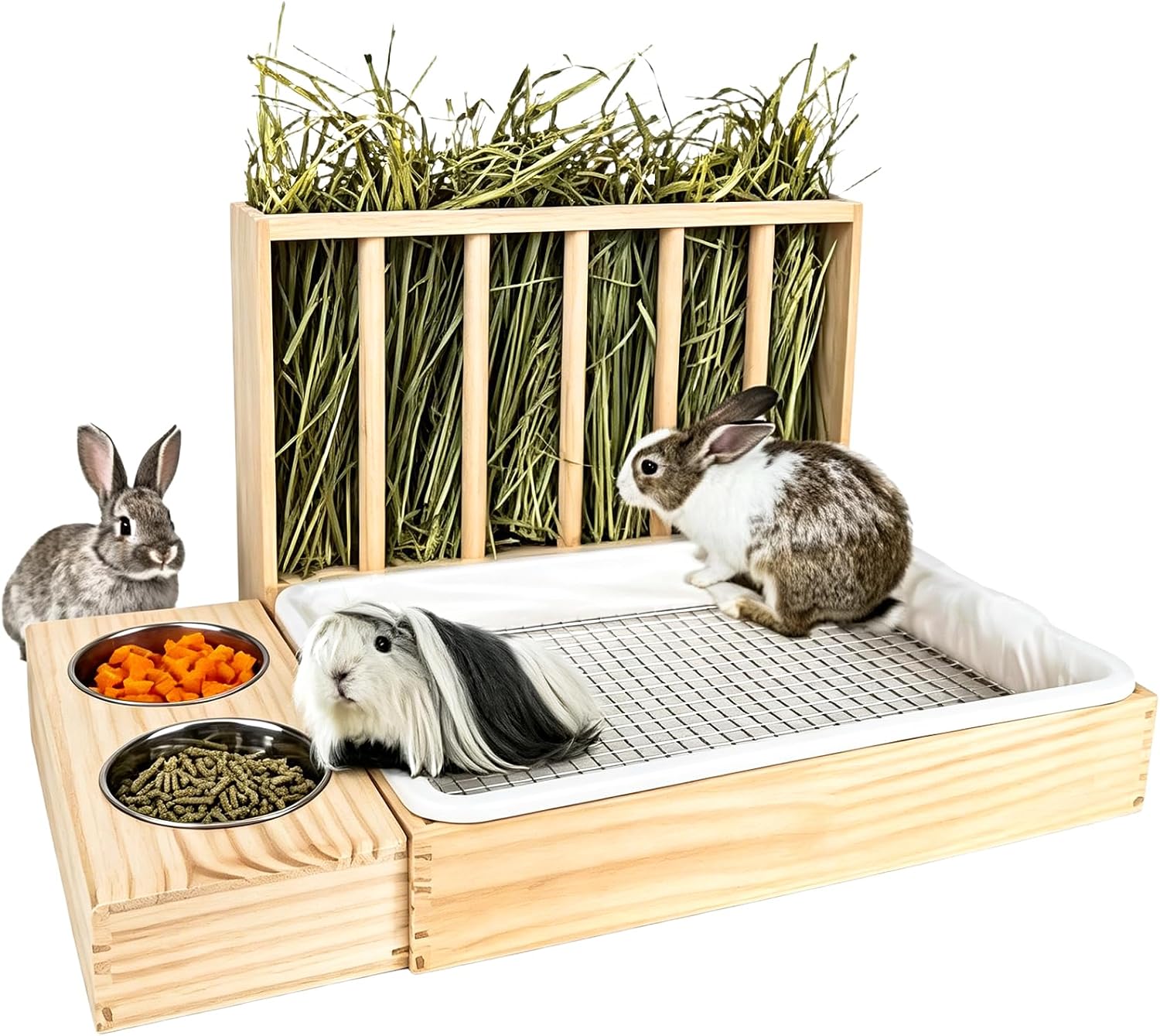 Wooden Rabbit Hay Feeder, Rabbit Litter Tray & Double Stainless Steel Bowls, Natural Pine Bunny Feeding Station for Guinea Pig, Hamster, Small Pets, Detachable Quick Clean, Large Capacity Hay