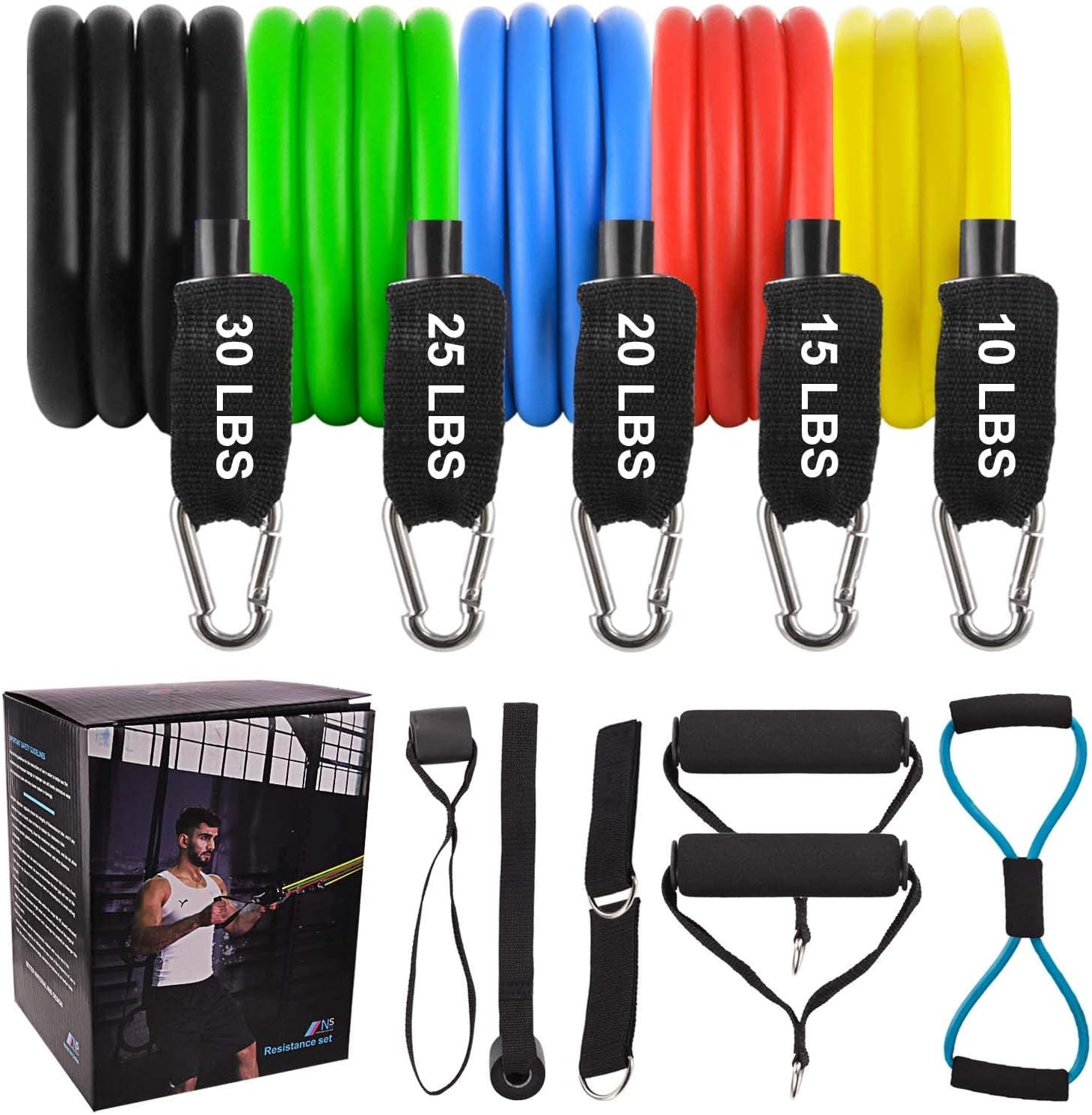 Exercise Resistance Band Set for Woman & Man - 1 Yoga 8 Type Stretch Bands,5 Fitness Tubes,1 Door Anchor,2 Foam Handles,2 Ankle Straps,1 Carrying bag,1 Workout Guides for Yoga Home Gyms Fitness